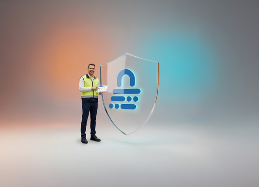 Un homme tient une tablette avec une check-list; des camions, au-dessus un symbole de cadenas de protection